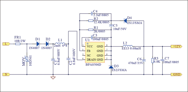 小家电7脚电源芯片BPA8506D实用电路