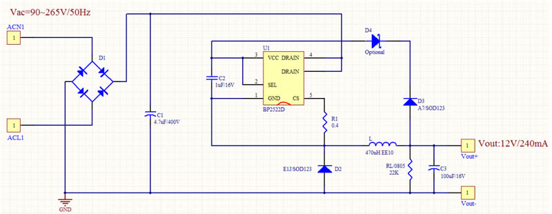 BP2522D电源芯片12v240mA应用电路