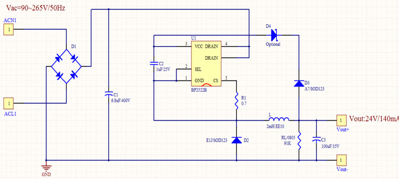 SOT33-5A小封装辅助电源芯片bp2522d的24v140mA实用电路图