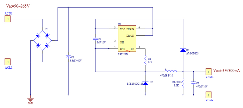 BP2525D输出5v300mA实际应用电路图