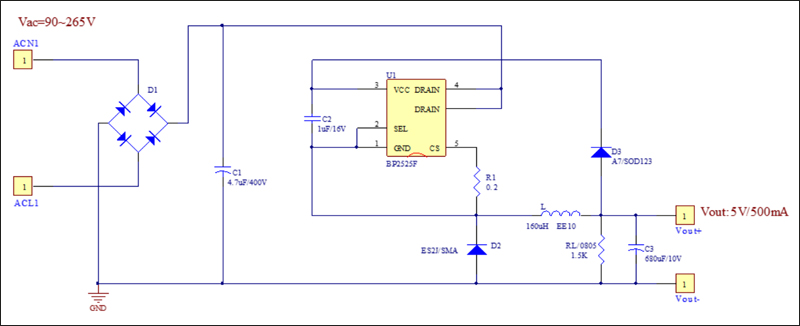 BP2525F输出5v500mA实际应用电路图