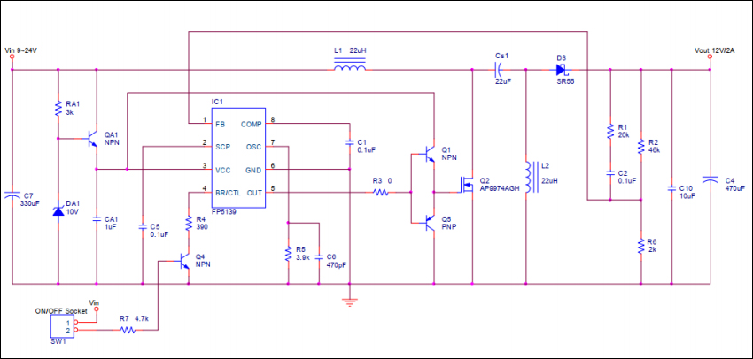 大功率升压芯片FP5139输入9v-24转12v2A实用电路图分享